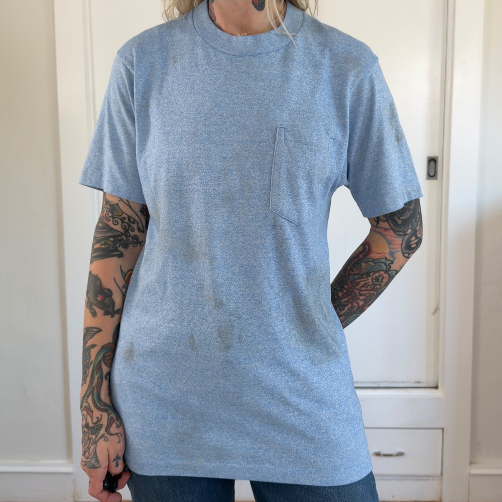 Vintage JCPenney Mens Large Blue Heathered Pocket T-Shirt 50/50 Cotton Poly